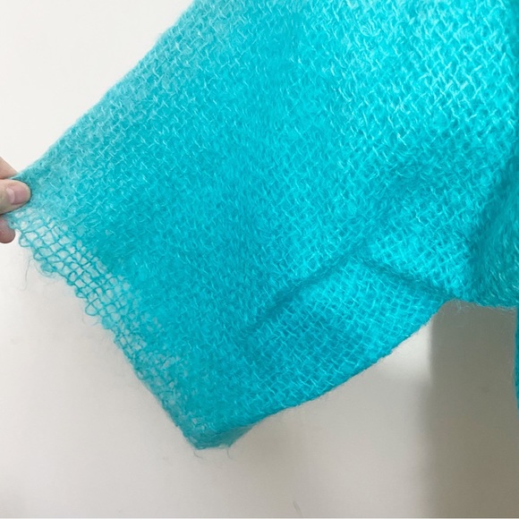 Hand Made Unique woven raw frayed edge shrug jacket shaped front Aqua L/XL - Picture 4 of 7